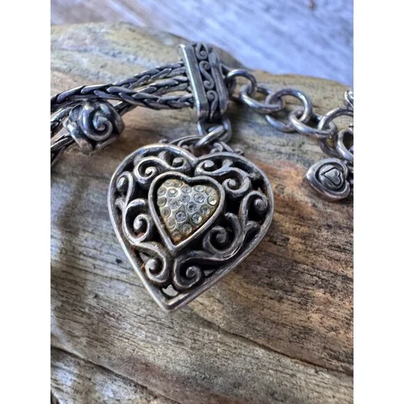 Brighton Reno Heart Dangle Charm Crystal 3 Strand Beaded Reversible Bracelet - Picture 4 of 6